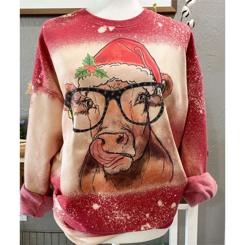 Christmas Cow Bleached Red Sweatshirt