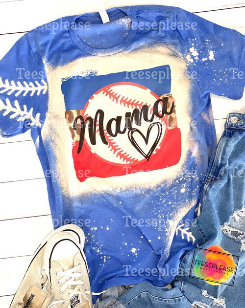 Baseball Mama Bleached Blue Tshirt, Leopard bleached Unisex Tee, softball mom, tball mom