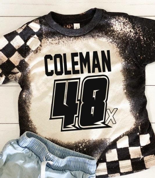 Infant toddler race tee, dark grey bleached personalized racing number, dirt track design, name and number, race car, motocross youth Tshirt