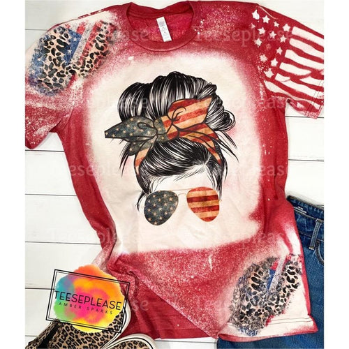 American Mom, 4th of July Bleached Tshirt, Messy Bun Mama, Patriotic Stencil Sleeve Leopard Red, White, And Blue, Red Acid Wash Unisex Tee