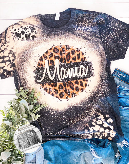 Mama Leopard Acid Wash Accents Sleeve Bleached Tshirt