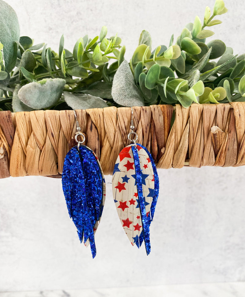 4th of July Patriotic USA Layered Leather Feather Fringe Earrings Leopard Bling Jewelry Leather Earrings