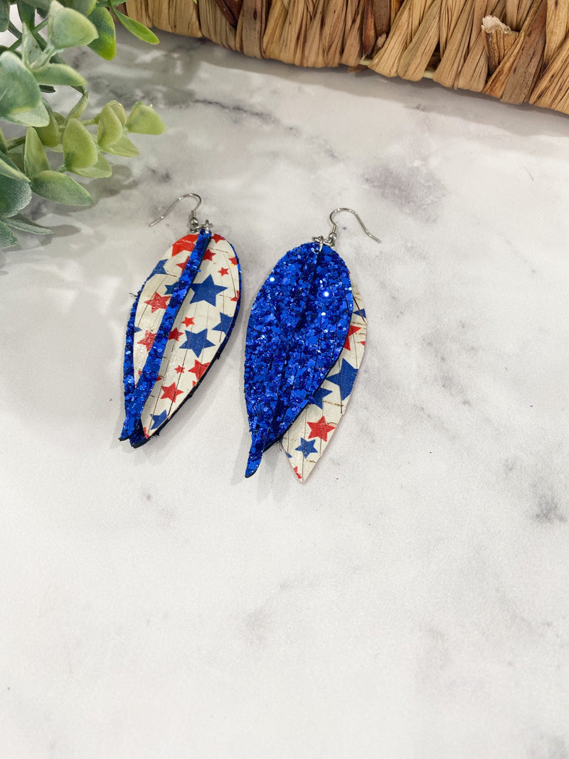 4th of July Patriotic USA Layered Leather Feather Fringe Earrings Leopard Bling Jewelry Leather Earrings