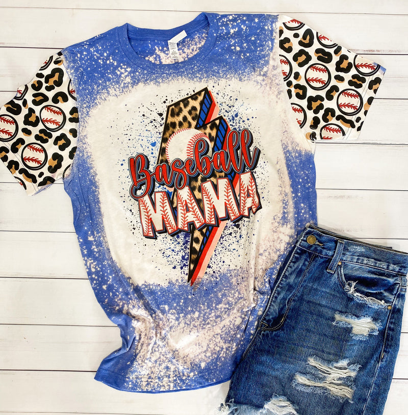 Baseball Mom Bleached Red Blue Sleeve Accents Leopard Tshirt