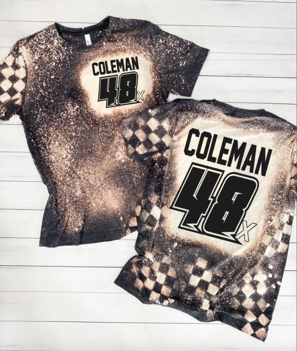 Racing Tshirt, Personalized Name and Number Bleached Tee, Plus Sizes, Dirt Track Motocross Dirt bike Race Apparel Checkered Flag DTG