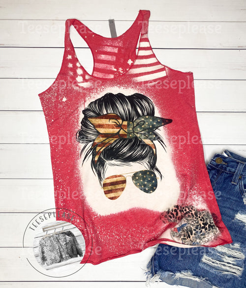 American 4th of July Bleached Tank Top, USA Patriotic Red Racerback Tank