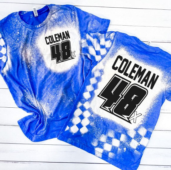 Racing Tshirt, Personalized Name and Number Bleached Tee, Plus Sizes, Dirt Track Motocross Dirt bike Race Apparel Checkered Flag DTG