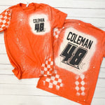 Racing Tshirt, Personalized Name and Number Bleached Tee, Plus Sizes, Dirt Track Motocross Dirt bike Race Apparel Checkered Flag DTG