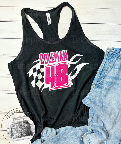 Dtg Racerback Tank Personalized Race Car Number Tank Top Pink Racing Tops for Women, Gifts for her CHECK SIZE CHART Womens Clothing