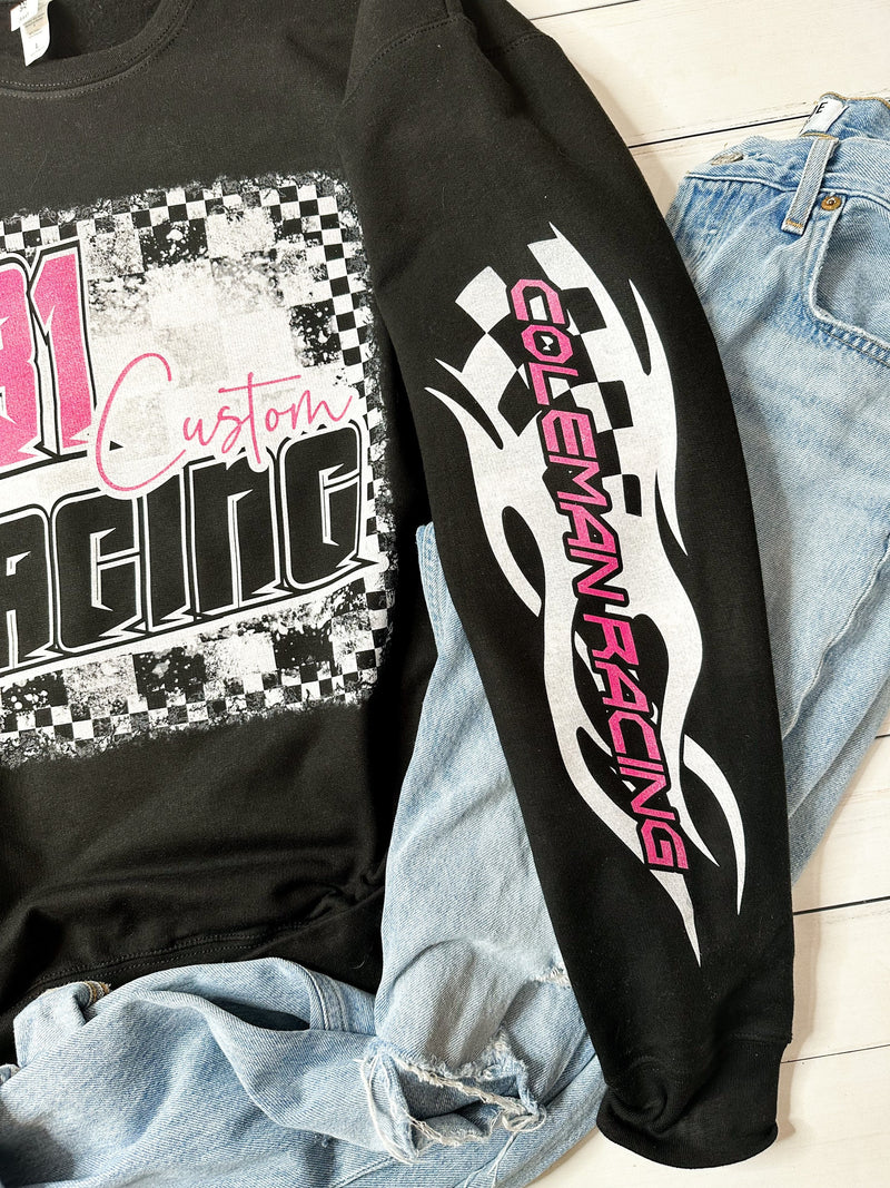 Race Crewneck or Hoodie Personalized Racing Sweatshirt Black Unisex Dirt Track Motocross Dirt Bike Car Truck Checkered Flag Sleeve