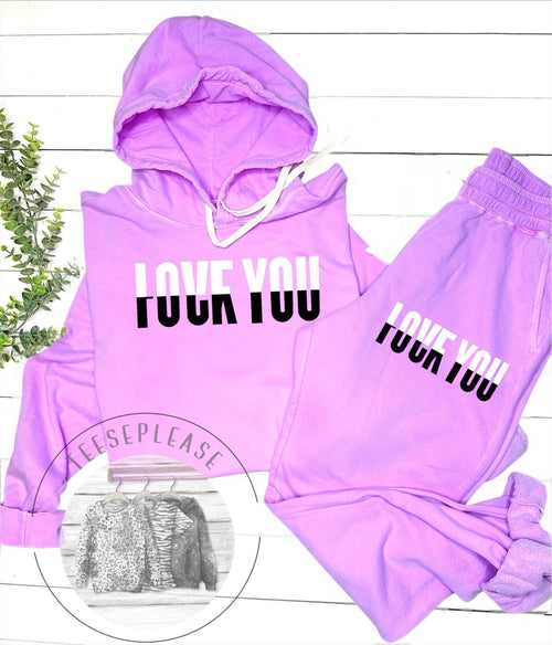 Love You F You Sweatsuit, Neon Violet Sweatpants, Trendy Hoodie Set, Valentines Day Outfit