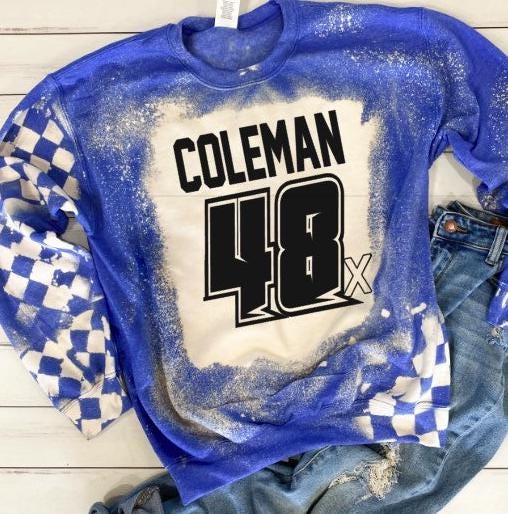 Personalized Crewneck Racing Bleached Royal Blue Unisex Sweatshirt Dirt Track Motocross Dirt Bike Race Car Truck Checkered Flag Bleached Tee