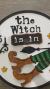 The Witch is in Halloween Wooden Rustic Door Hanger, Wall Decor, 18 inch 3d round sign wreath