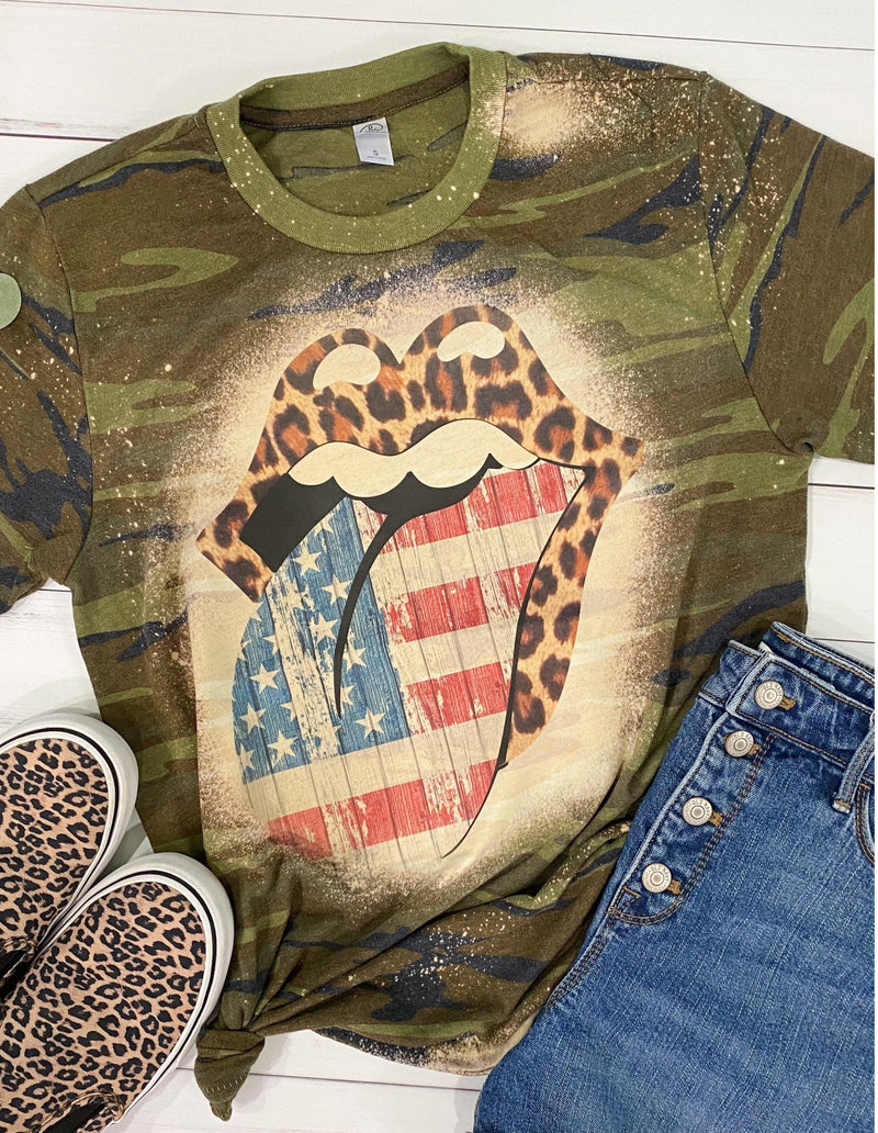 4th Of July Leopard Lips USA Camo Bleached Unisex Tshirt