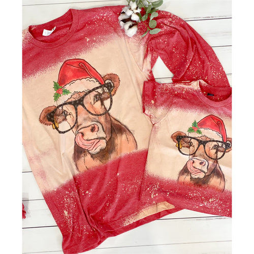 Matching Mommy and Me Shirts, Christmas Cow Bleached Tshirts