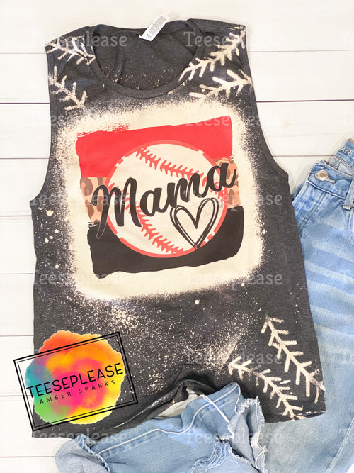 Baseball Mom Bleached Tank Top, acid wash leopard bball muscle tee, red black leopard tops