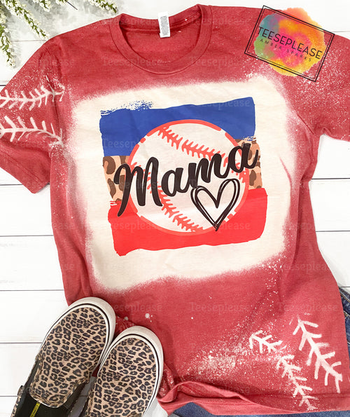 Baseball Mama Bleached Red Tshirt, Leopard bleached Unisex Tee, softball mom, tball mom