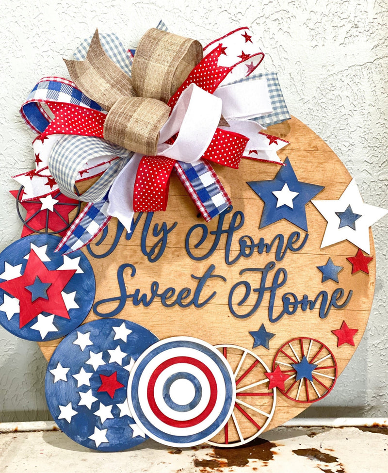 4th of July Patriotic Farmhouse Wooden Rustic Door Hanger, Wall Decor, 18 inch 3d round sign