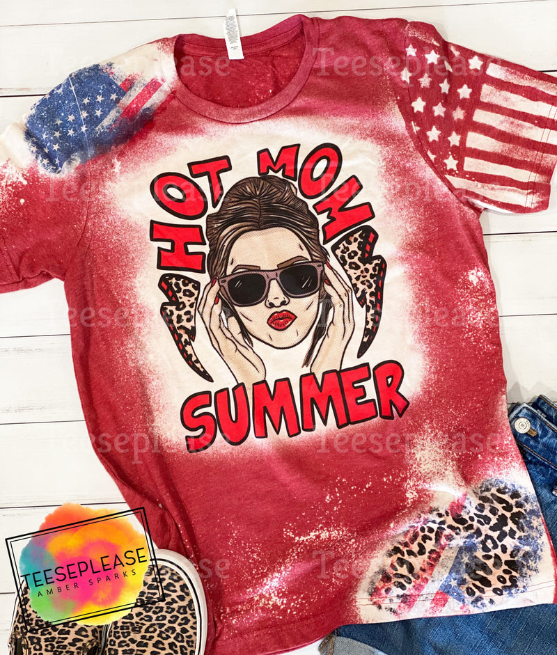 Hot Mom Summer, 4th of July Bleached Tshirt, Mama, Patriotic Stencil Sleeve Leopard Red, White, And Blue, Dar Grey Acid Wash Unisex Tee