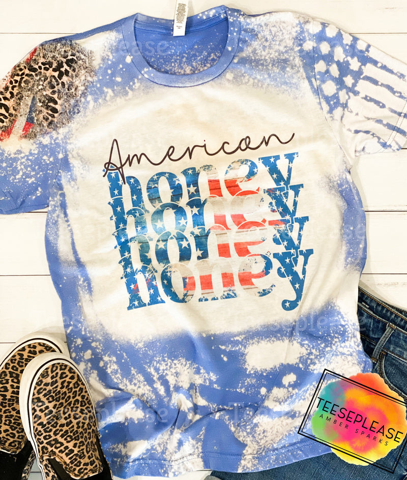 American Honey, 4th of July Bleached Tshirt, Mama, Patriotic Stencil Sleeve Leopard Red, White, And Blue, Red Acid Wash Unisex Tee