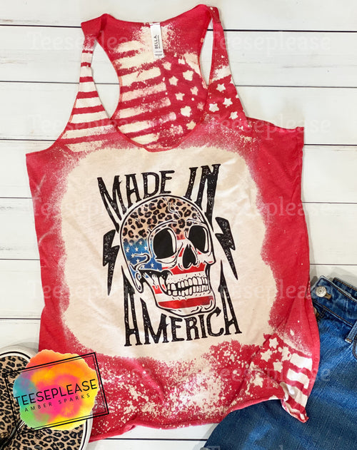 Made in America, Bleached Skull Tank Top, USA Patriotic Red Racerback Tank