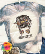 Teacher Life Bleached T-shirt, Back To School Acid Wash Tee, Messy Bun