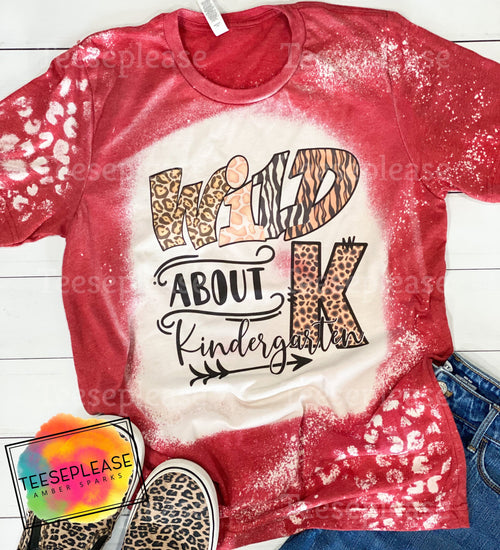 Wild about kindergarten leopard Teacher Life Bleached T-shirt, Back To School Red Acid Wash Tee