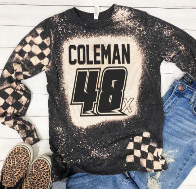 Personalized Long Sleeve Racing Bleached Black Unisex Tshirt Dirt Track Motocross Dirt bike Race Tee Checkered Flag Bleached