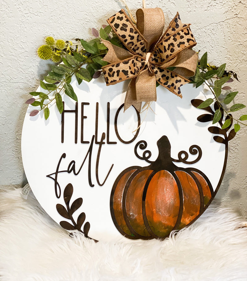 Hello Fall Farmhouse Wooden Door Hanger, Personalized Wall Decor, 18 inch 3d round sign