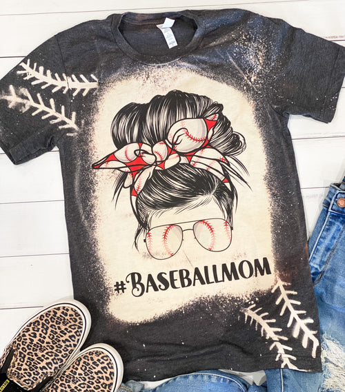 Baseball Mom Bleached Sleeve Stitch Tshirt