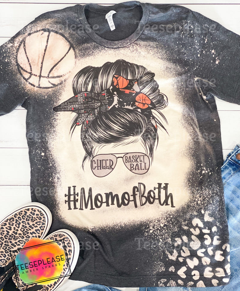 Basketball Cheer Mom Messy Bun Mama Bleached Unisex Tshirt Acid Wash Stencil Sleeve Tee