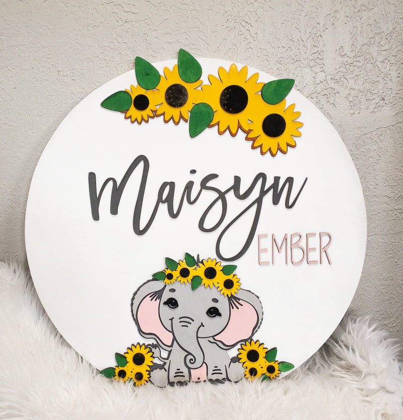 Elephant Sunflower Nursery Sign, Baby Girl Room Wall decor, baby shower gift personalized name sign 24 inch 3D sign