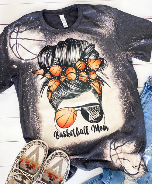 Basketball Mom Messy Bun Mama Bleached Unisex Tshirt Acid Wash Stencil Sleeve Tee