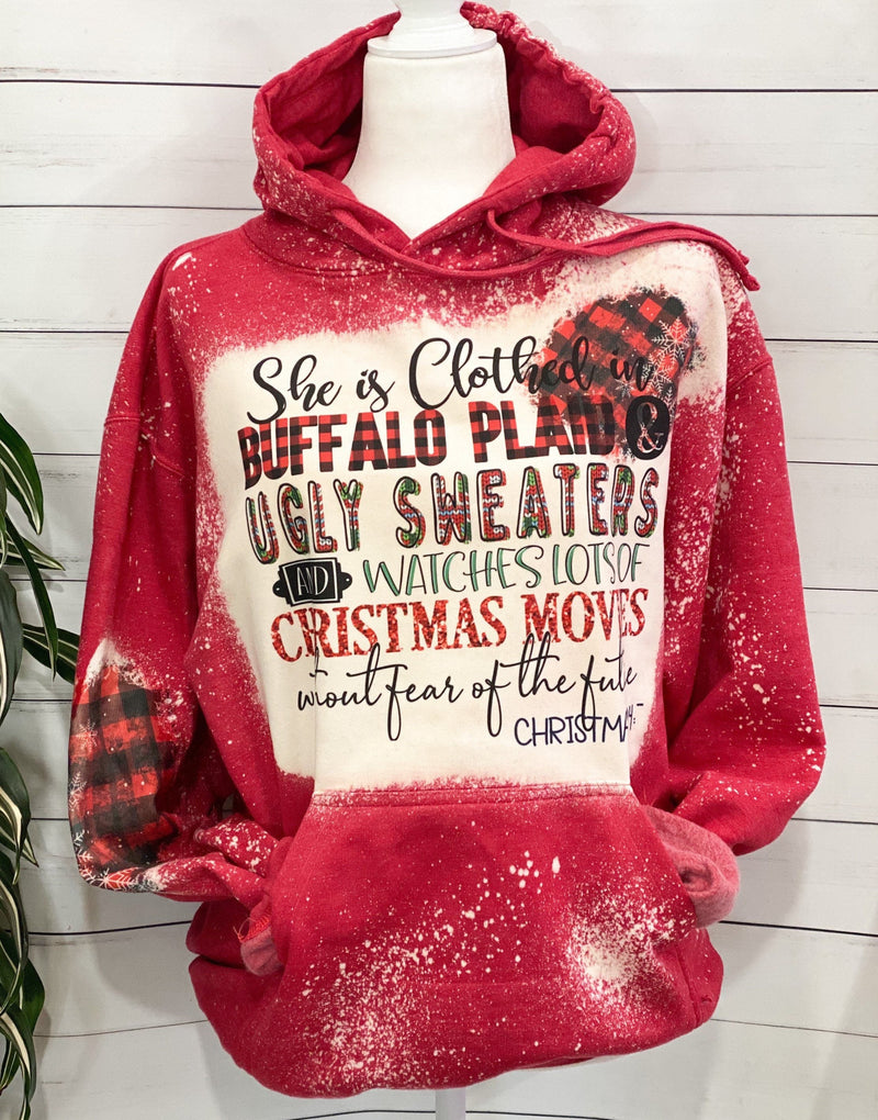 Christmas Sweater Hoodie Bleached Red Plaid Sweatshirt
