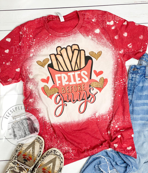 Fries Before Guys Valentines Day Red Acid Wash Tee Hearts Sleeve Bleached Accent Tshirt