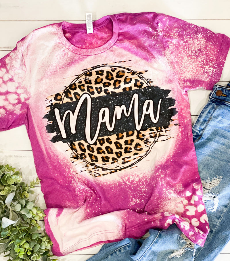 Leopard Mom Acid Wash Sleeve Bleached Tshirt Pink Mama Tee