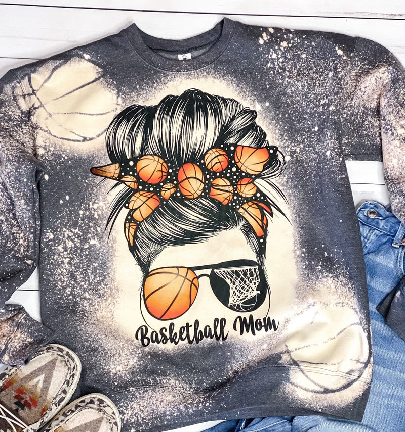 Basketball Mom Bleached Sweatshirt Sleeve Stencil Accent Acid Wash Design Messy Bun Tee