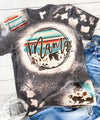 Serape Cowhide Mom Acid Wash Turquoise Accents Sleeve Bleached Tshirt