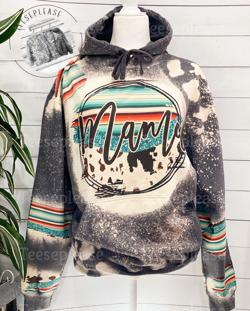 Serape Cowhide Mama Bleached Hooded Sweatshirt, Hoodies for women, acid washed cow print accents