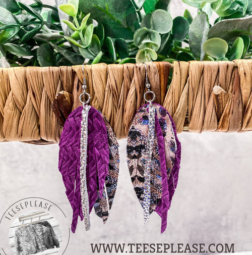 Layered Leather Feather Fringe Earrings Leopard Bling Jewelry Leather Earrings