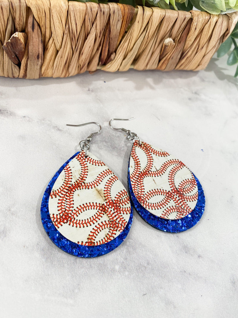 Layered Baseball Teardrop Earrings Royal Blue Glitter Bling Jewelry Leather Earrings