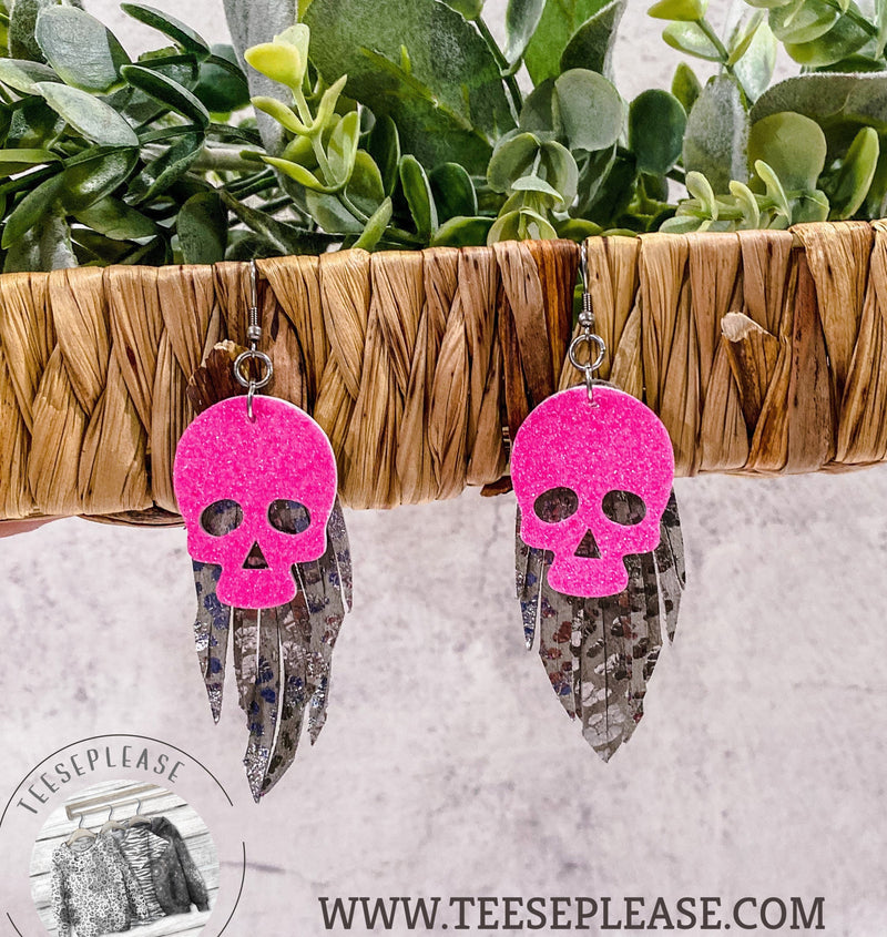 Layered Skull Fringe  Earrings Pink Glitter Bling Jewelry Leather Earrings