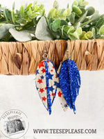 4th of July Patriotic USA Layered Leather Feather Fringe Earrings Leopard Bling Jewelry Leather Earrings