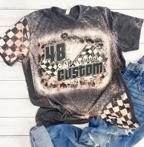 Race Personalized Name Dirt Track Racing Checkered Sleeve Bleached Tshirt  sublimation design clothing for women