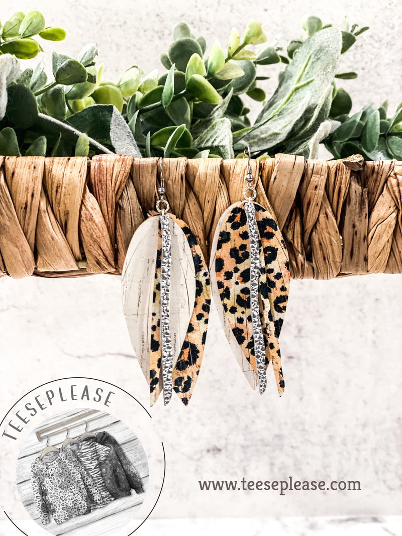 Layered Leather Feather Fringe Earrings Leopard Bling Jewelry Cork Leather Earrings