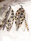 Layered Leather Feather Fringe Earrings Leopard Bling Jewelry Cork Leather Earrings