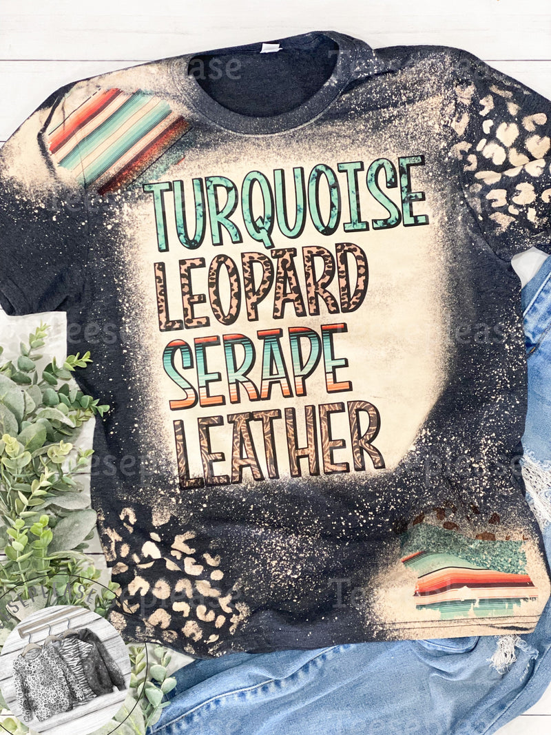 Turquoise Leopard Serape Leather Bleached T-shirt Cheetah Accents Sleeve Bleached Tshirt