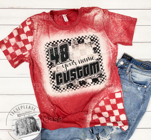 Race Personalized Name Dirt Track Racing Checkered Sleeve Bleached Tshirt  sublimation design clothing for women
