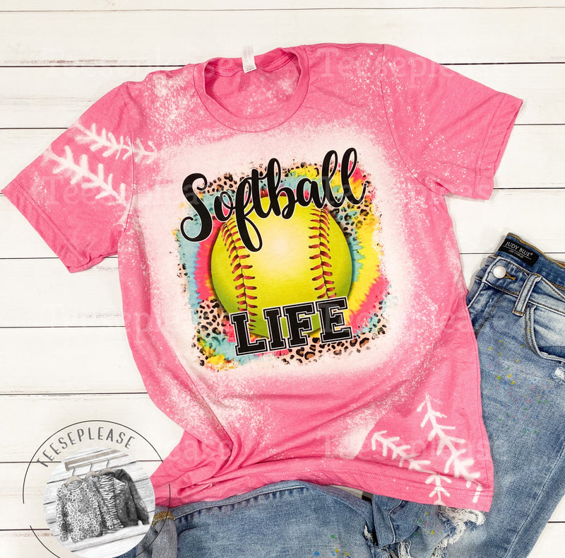 Softball Life Shirt Bleached Tee, bleached Unisex Tee Softball Mom Pink Sublimation Design Clothing for Women