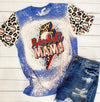 Baseball Mom Bleached Red Blue Sleeve Accents Leopard Tshirt